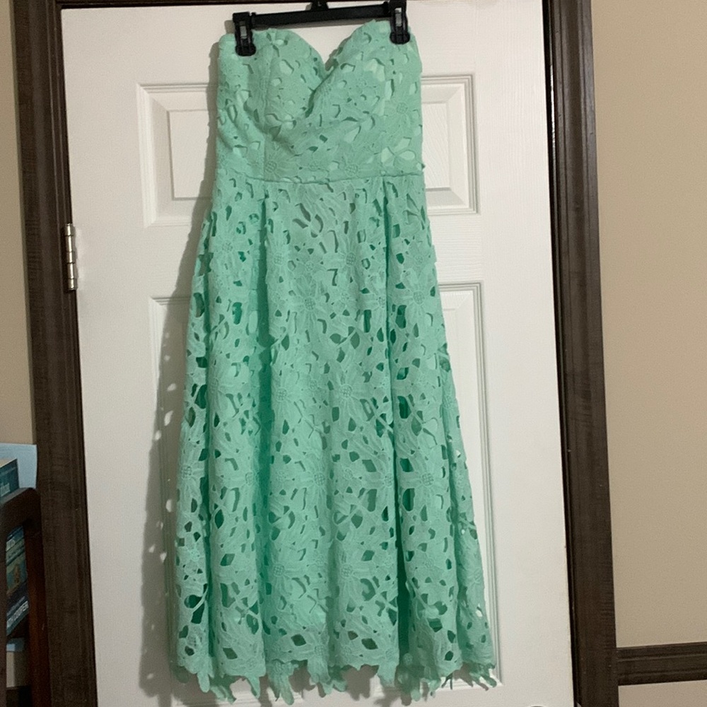 Alya Size Small Strapless Mint Floral Overlay Midi Length Dress Zip Up Back